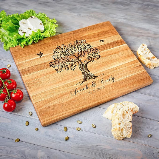 Personalized Oak Wood Cutting Board – Custom Family Tree Engraving with Couple's Names – 10x14 Inches – Gift for Wedding, Anniversary, Christmas, Housewarming – Great for Parents and Friends