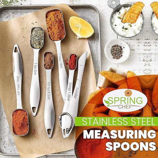 Spring Chef Stainless Steel Measuring Spoons Set of 6 with Leveler, Rectangular Metal Teaspoon & Tablespoon Measuring Spoons for Dry & Liquid Ingredients - Nesting Kitchen Gadgets For Baking & Cooking