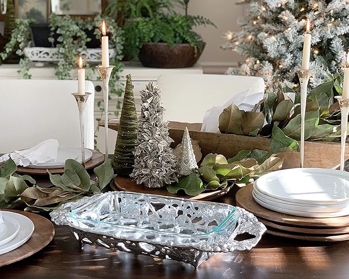 Arthur Court Metal Pyrex Glass Casserole Dish Holder Grape Pattern Sand Casted in Aluminum with Artisan Quality Hand Polished Design Tarnish-Free 21 inch Long 3 Quart Removable Glass Dish Included