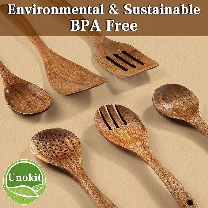 Unokit Wooden Utensil Set - 12 PCS Natural Teak Wood Kitchen Utensils Set with Wooden Spoons for Cooking and Spatula, Non-Scratch Nonstick Safe, Heat Resistant for All Cookware