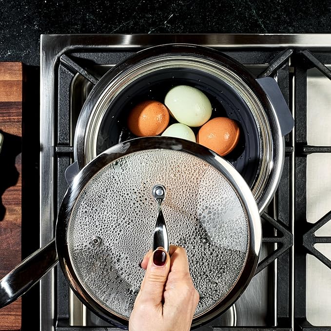 HexClad 2-Piece Steamer Basket Set for Steaming and Draining, Fits HexClad's 3 and 8Qt Pots, Dishwasher-Safe, Space-Saving Design, Heat-Safe to 425ºF, Non-Slip Handles, Silicone and Stainless Steel