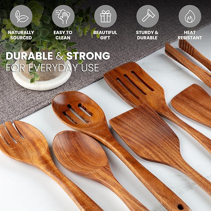 Zulay Kitchen Teak Wood Utensil Set โ 7 Piece Wooden Cooking Utensils โ Slotted Spoon, Bowl Scraper, Solid & Slotted Turner, Salad Spoon, Fork & Tongs โ Durable, Nonstick Safe & Smooth Finish