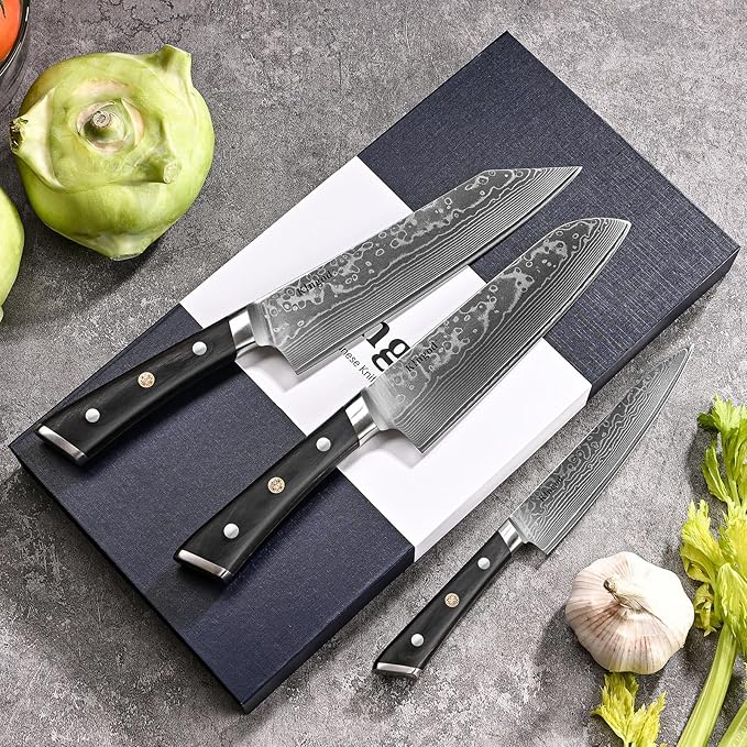 KINGOD 3 PCS Damascus Kitchen Knife Set, Japanese Steel VG10 Core High Carbon Professional Ultra-Sharp Chef Knife Set with Rosewood Handle Gift Box