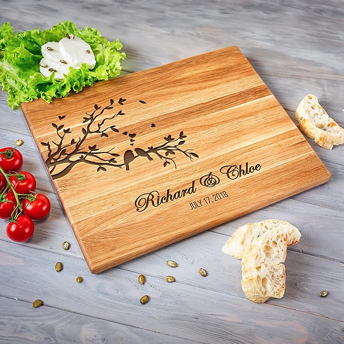 Personalized Oak Wood Cutting Board – Custom Lovebirds Engraving with Couple's Names – 10x14 Inches – Gift for Wedding, Anniversary, Christmas, Housewarming – Great for Parents and Friends