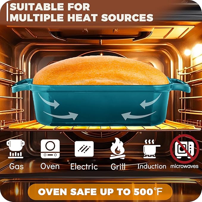 Cast Iron Loaf Pan With Lid, Enameled Bread Loaf Pan For Homemade Bread Sourdough, 2 In 1 Loaf Pans For Baking Bread 9x5, Even Heating Bread Dutch Oven, Teal