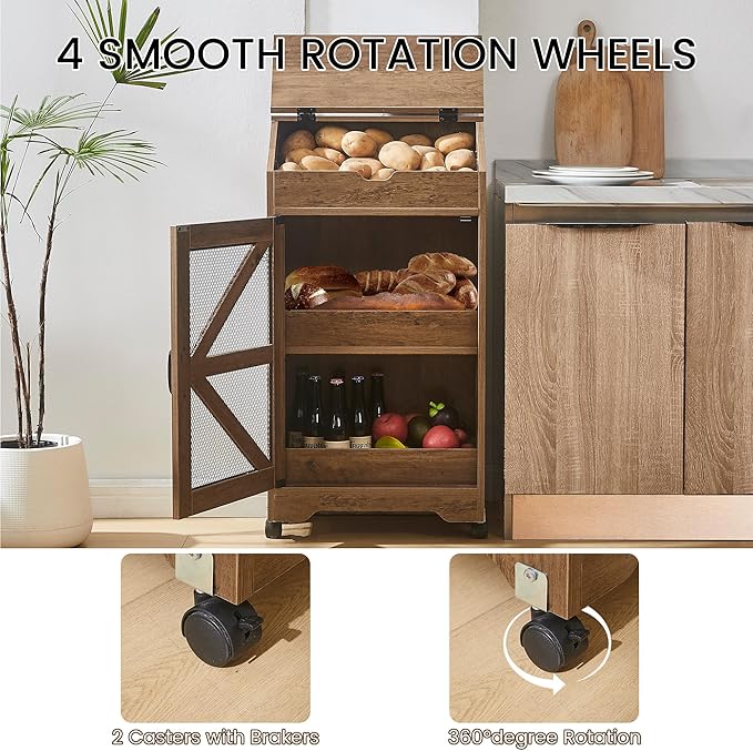 Potato and Onion Storage Bin, Wood Bread Box with Lid, Movable Fruit and Vegetable Organizer for Pantry, Kitchen