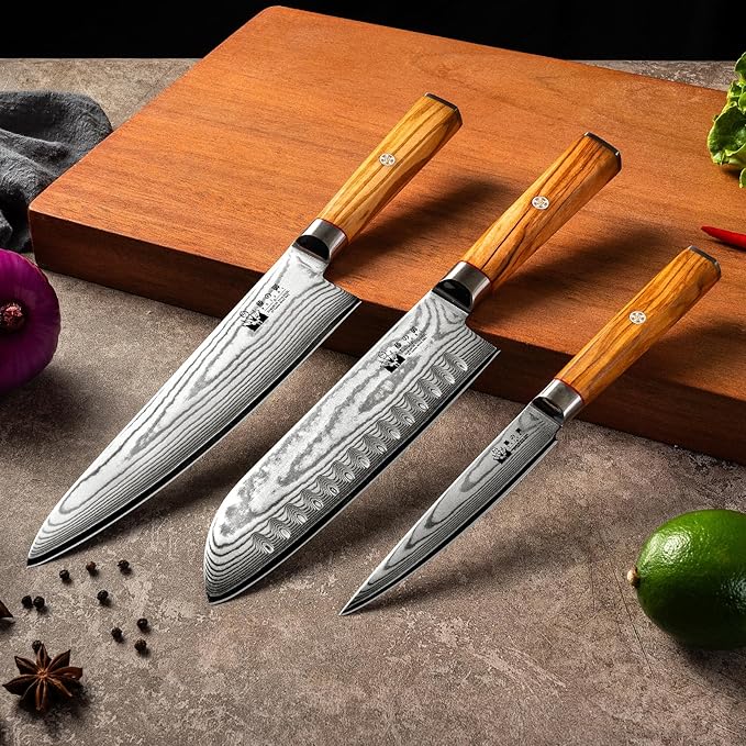 Damascus Kitchen Knife Set, Professional Chef Knife Set 67-Layer Damascus VG10 Steel, Olive Wood Handle with Gift Box, 3 Pieces