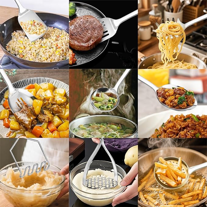 18/0 Stainless Steel Cooking Utensils Set, Heavy Duty Kitchen Utensils for Daily Use Party Wedding Housewarming, Dishwasher Safe, 9 Pieces
