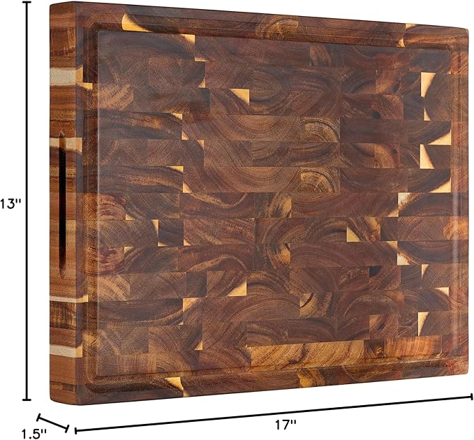 AZRHOM Large Thick End Grain Acacia Wood Butcher Block 17x13x1.5 in Wood Cutting Board for Kitchen with Non-slip Mats Juice Groove & Handles (Gift Box)
