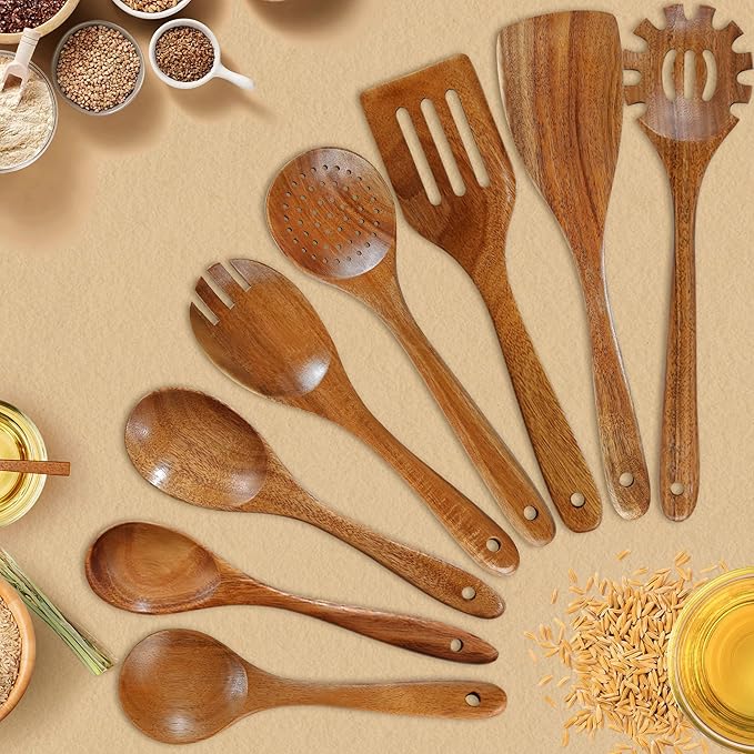 Unokit Wooden Utensil Set - 12 PCS Natural Teak Wood Kitchen Utensils Set with Wooden Spoons for Cooking and Spatula, Non-Scratch Nonstick Safe, Heat Resistant for All Cookware