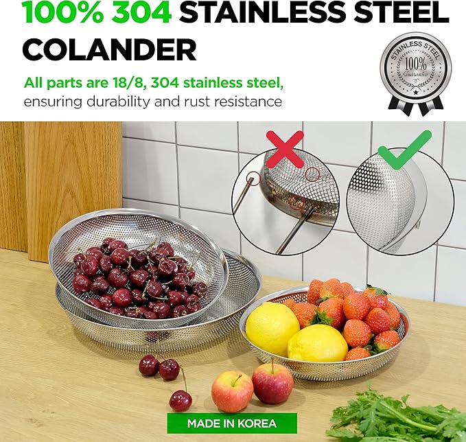 Premium 18/8 304 Stainless Steel Small Colander Set of 3, Comfortable Tray, Micro-Perforated Shallow Colanders 2-3-4 Quart Set, Self-Draining Solid Base for Pasta, Fruits, Vegetables