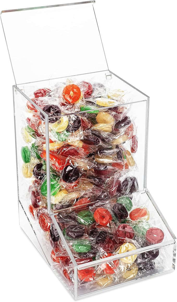 Acrylic Candy Dish & Treat Organizer Dispenser - Rectangular Non-Porous Acrylic - Dual Lids for Fresh Bulk Treats & Cereal Countertop Display