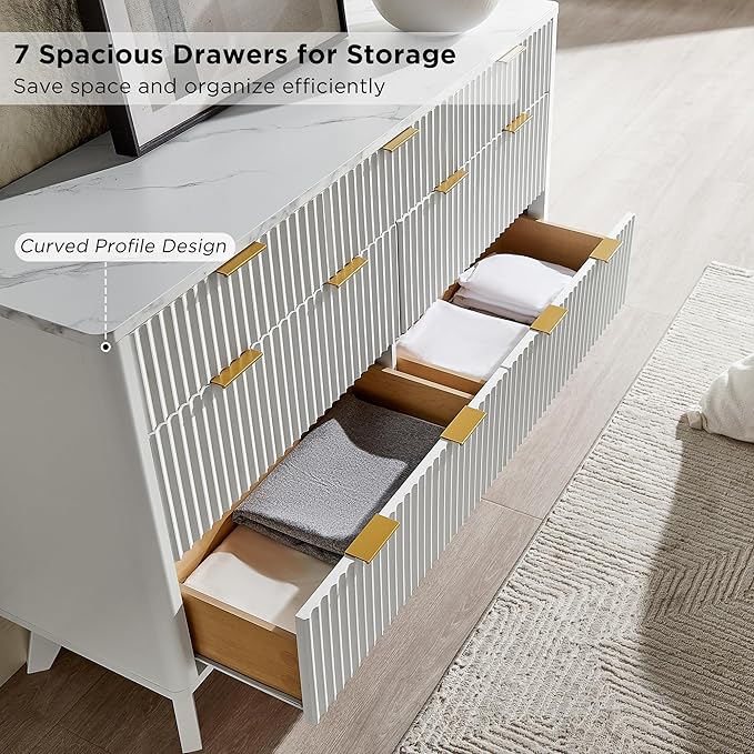 T4TREAM Fluted 7 Drawers Dresser, 54" Wide Modern Chest of Drawers with Faux Marble Top, Curved Profile Design, Dresser TV Stand, Wood Drawer Organizer for Bedroom, Living Room, Hallway, Solid White