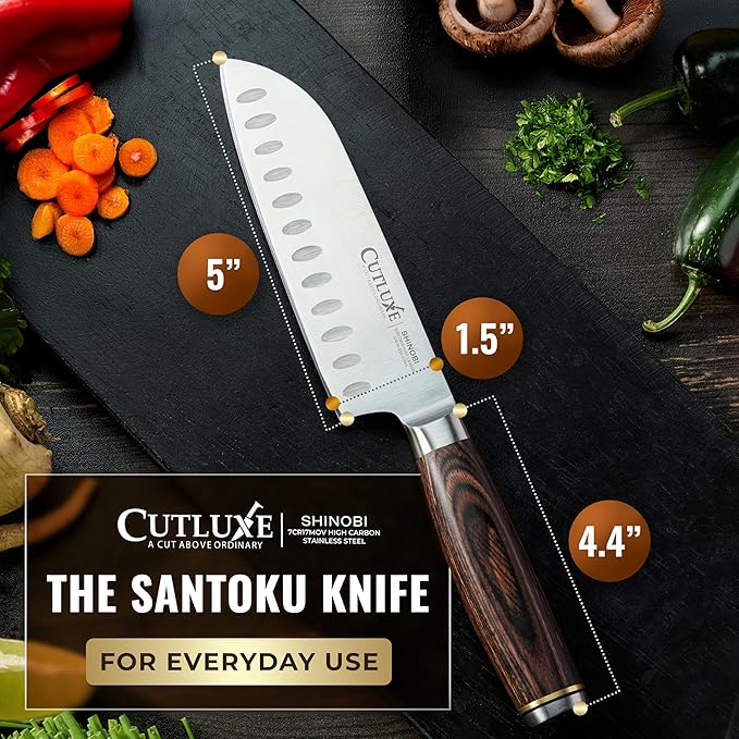 Cutluxe Santoku Knife – Ultra Sharp 5 Inch Vegetable Japanese Knife for Chopping, High Carbon Stainless Steel Blade, Full Tang Pakkawood Handle – Shinobi Series