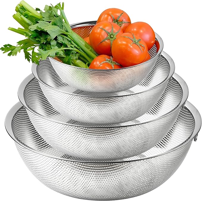Premium 18/8 304 Stainless Steel Micro-Perforated Small and Big Colander Set of 4 with rings - 3.5-5.5-7.5-9.5 Quart Set, Self-Draining Solid Base for Pasta, Fruits, Vegetables