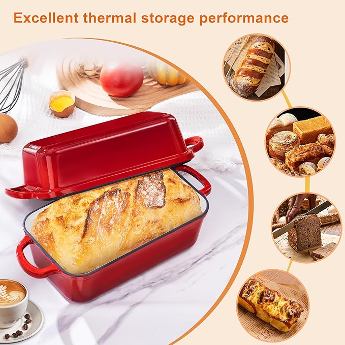 GRMImosa 2 in 1 Cast Iron Loaf Pan wiht Lid, Bread Loaf Pans for Baking Bread 9x5, Sourdough Bread Baking Pan for Homemade Bread, Meatloaf, Cherry