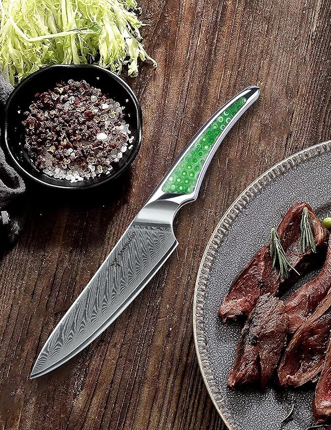 5 inch Utility Knife, Japanese VG-10 Damascus Steel Kitchen Knife, Ultra Sharp Fruit Knife with Full-tang Handle in Green Resin, LA-S9 Series