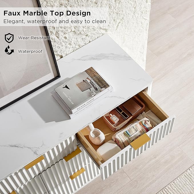 T4TREAM Fluted 7 Drawers Dresser, 54" Wide Modern Chest of Drawers with Faux Marble Top, Curved Profile Design, Dresser TV Stand, Wood Drawer Organizer for Bedroom, Living Room, Hallway, Solid White