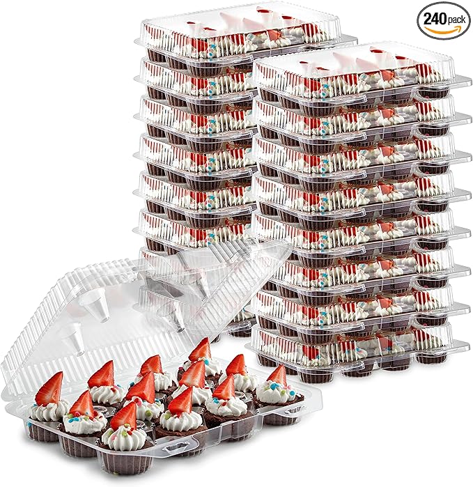 Stock Your Home Mini Disposable Plastic Cupcake Containers (240 Pack) 12 - Count Tray Compartment, Small or Mini Cupcakes Box/Holder/Carrier with Clear Connected Dome Lid, BPA Free