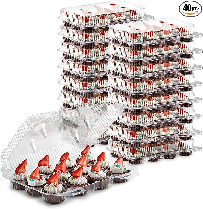 Stock Your Home Mini Disposable Plastic Cupcake Containers (40 Pack) 12 - Count Tray Compartment, Small or Mini Cupcakes Box/Holder/Carrier with Clear Connected Dome Lid, BPA Free