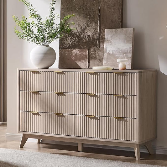 T4TREAM Fluted 6 Drawers Dresser, 54" Wide Modern Chest of Drawers, Curved Profile Design, Dresser TV Stand, Wood Drawer Organizer for Bedroom, Living Room, Hallway, White Alder