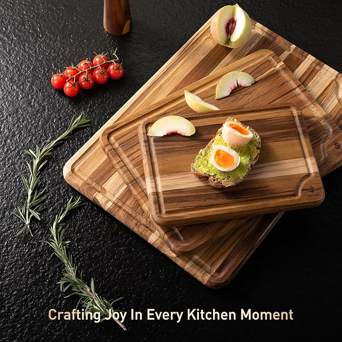 Teak Wood Cutting Board Set for Kitchen High-End Non Toxic Non Slip Over Sink Solid Thick Wood Haus Chopping Board Extra Large Big Small Best Kitchen Essential House Warming Hostess Host Gift