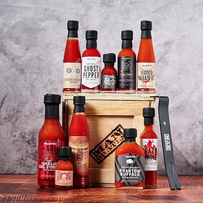 Man Crates, Gourmet Hot Sauce Gift Set for Men – 10-Pack Sampler with Mild to Extreme Ghost Pepper Flavors – Unique Hot Sauce Challenge Gift for Dad, Husband, or Spice Lovers