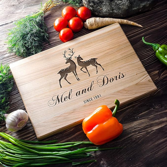 Personalized Maple Wood Cutting Board – Custom Deer Couple Engraving with Names – 10x14 Inches – Gift for Wedding, Anniversary, Christmas, Housewarming, Mother’s Day – Great for Parents and Friends