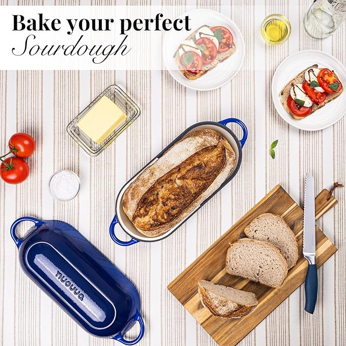Enamelled Cast Iron Bread Loaf Pot – Dutch Oven For Sourdough Bread Baking – Oven Safe Non Stick Bread Pot – Rectangular, Dark Blue, 34cm x 16cm – by Nuovva