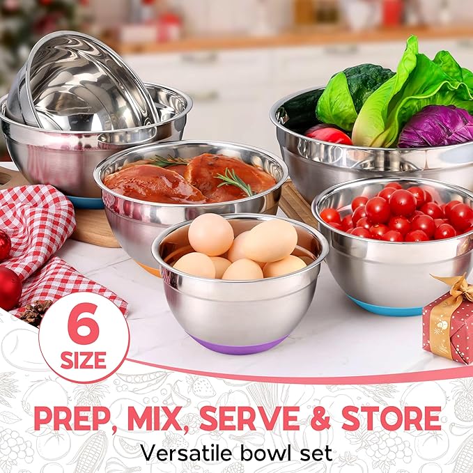 Onader Colorful Mixing Bowl Set of 6 for Kitchen, Large Stainless Steel Metal Nesting Mixing Bowls with Airtight Lids, Non Slip - Size 1, 1.5, 2, 2.6, 3.5, 7QT