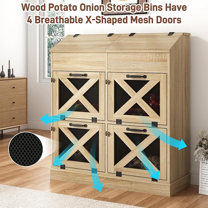 Large Wood Veggie Bin for Potato,Bread,Onion With 6 Large Storage Space. Root Vegetable Storage Box For Kitchen, Farmhouse Wood Potato Box With 4 Mesh Doors,32 * 12.4 * 36 INCH(OAK)