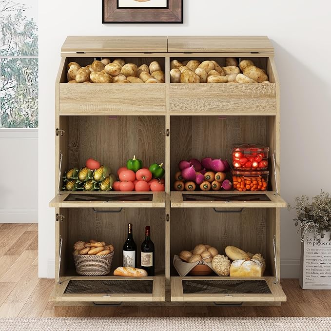 Large Wood Veggie Bin for Potato,Bread,Onion With 6 Large Storage Space. Root Vegetable Storage Box For Kitchen, Farmhouse Wood Potato Box With 4 Mesh Doors,32 * 12.4 * 36 INCH(OAK)