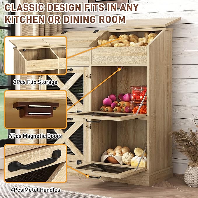 Large Wood Veggie Bin for Potato,Bread,Onion With 6 Large Storage Space. Root Vegetable Storage Box For Kitchen, Farmhouse Wood Potato Box With 4 Mesh Doors,32 * 12.4 * 36 INCH(OAK)