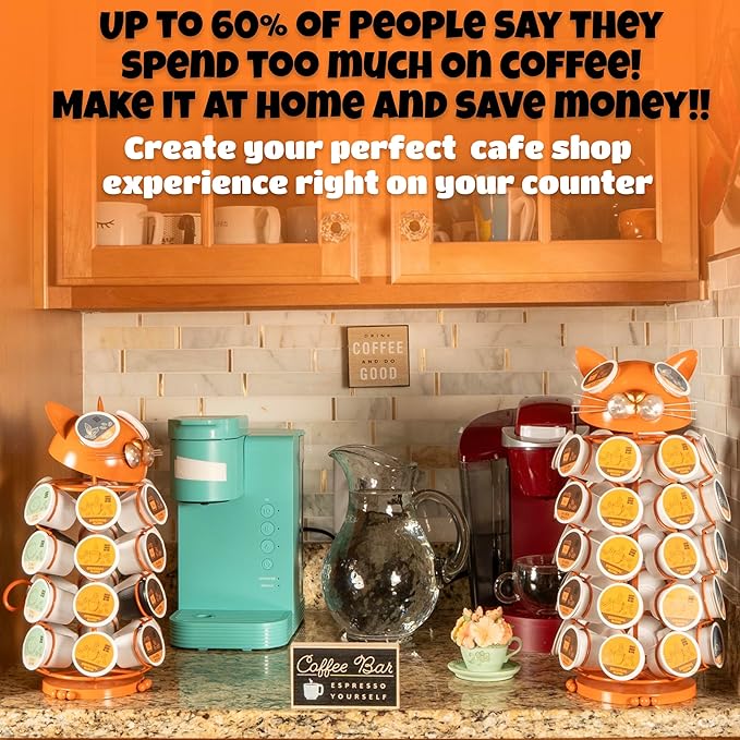 Made Easy Kit Carousel Coffee Pod Holder, Compatible with Keurig K-Pods K-Cups, Countertop Rack Storage Organizer, Metal Home and Kitchen Decor, Capsule Café Station Bar (Small, Orange Cat)