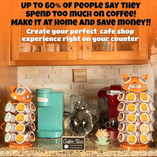 Made Easy Kit Carousel Coffee Pod Holder, Compatible with Keurig K-Pods K-Cups, Countertop Rack Storage Organizer, Metal Home and Kitchen Decor, Capsule Café Station Bar (Small, Orange Cat)