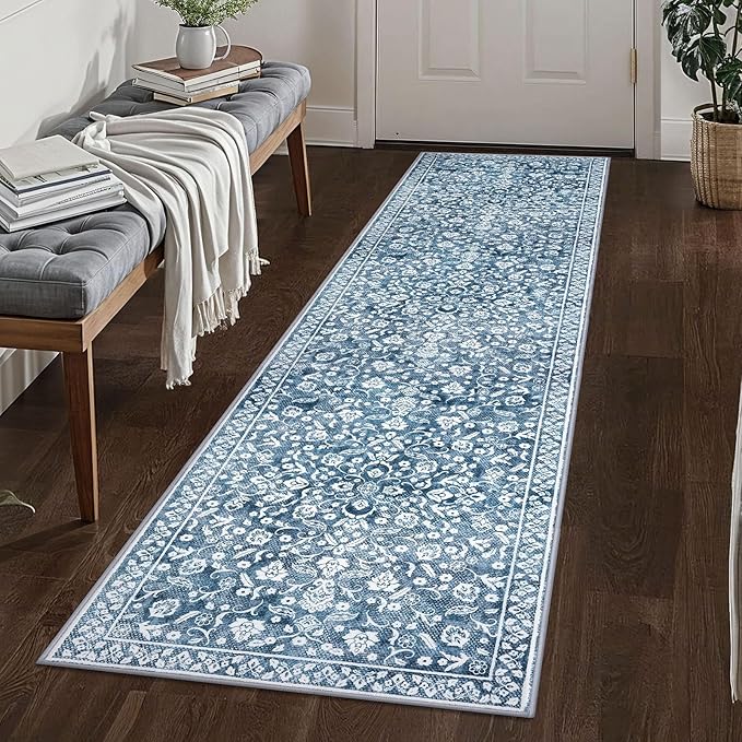 Vintage 2x8 Hallway Runner Rug, Blue and White Washable Rug, Non-Slip Super Soft Kitchen Runner Rug, Print Faux Wool Floral Thin Carpet for Entryway Bedside