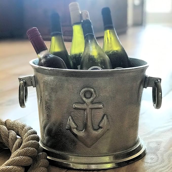 Luxury Champagne Bucket Wine Cooler, Nautical Flair, Anchor Crest, Hand Cast Aluminum, Old World Craft Finish, Up to 8 Bottles, 14.25 L x 12.25 W x 9.0 H inches, 7.5 lbs