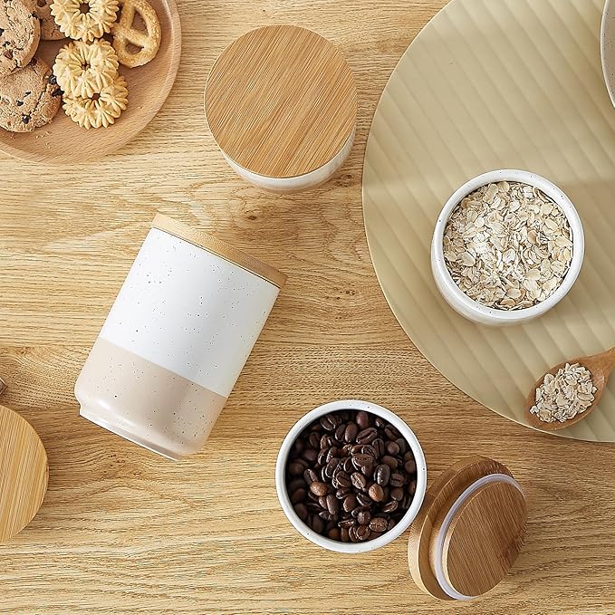 vancasso Sabine Ceramic Canister Set with Airtight Wood Lids - 4-Piece Small Kitchen Storage for Coffee, Sugar, Tea & Spices (18 oz Each) - Compact Countertop Jars