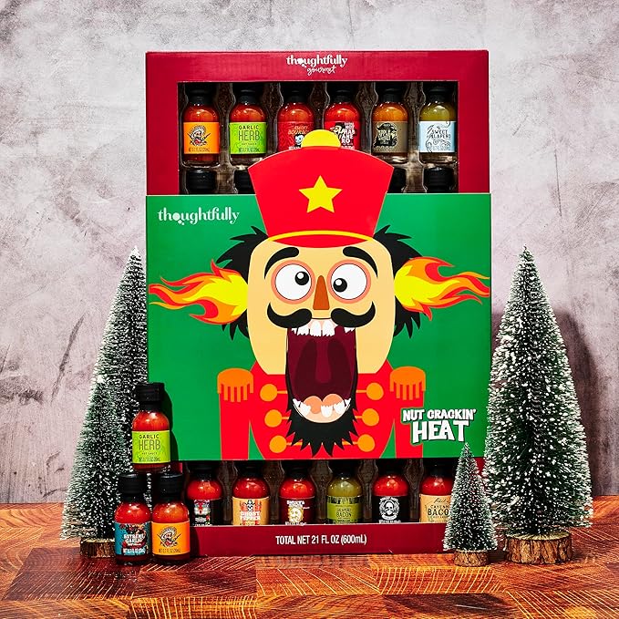 Thoughtfully Gourmet Holiday Hot Sauce Sampler Gift Set, 30-Pack with Unique Flavors Like Garlic Herb & Apple Whiskey, Festively Wrapped for Christmas