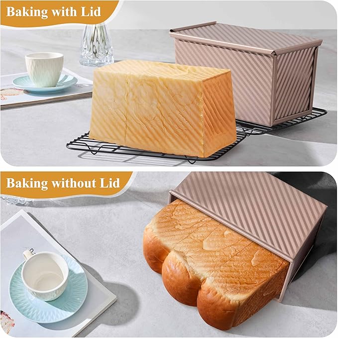 LIANYU Pullman Loaf Pan with Lid, 2 Pack 1 Pound Bread Loaf Baking Pan, Nonstick Homemade Sourdough Sandwich Bread Toast Box, Heavy Duty Corrugated Bakeware Tins with Cover, Rose Gold