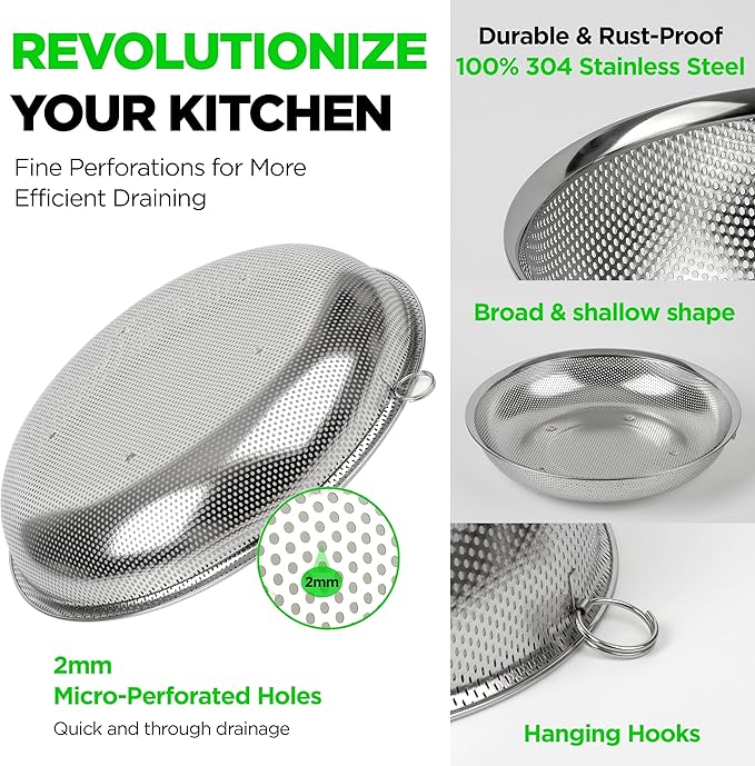 Premium 18/8 304 Stainless Steel Small Colander Set of 3, Comfortable Tray, Micro-Perforated Shallow Colanders 2-3-4 Quart Set, Self-Draining Solid Base for Pasta, Fruits, Vegetables
