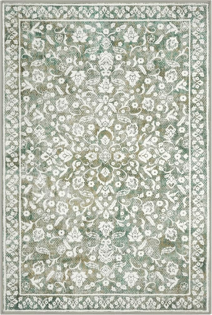 Vintage 2.6x16 Hallway Runner, Sage Green Beige Washable Non-Slip Long Hallway Carpet, Super Soft Kitchen Runner, Print Faux Wool Floral Thin Carpet for Entryway