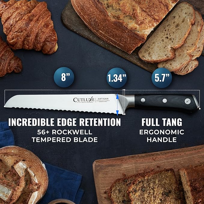 Cutluxe Bread Knife – 8" Serrated Bread Knife for Homemade Bread, Sourdough, Bagel – Razor Sharp High Carbon German Steel Blade for Slicing & Cutting – Ergonomic Handle – Artisan Series