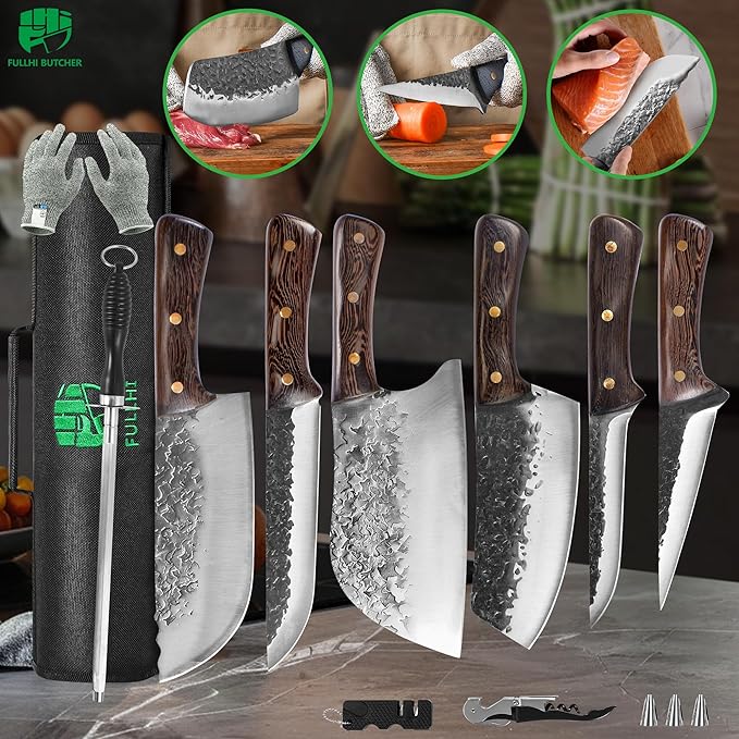 FULLHI 12pcs Chef/Butcher Fish Knife Set, High Carbon Steel Hand Forged Boning bbq Knife Set With Bag for Kitchen, Camping, BBQ