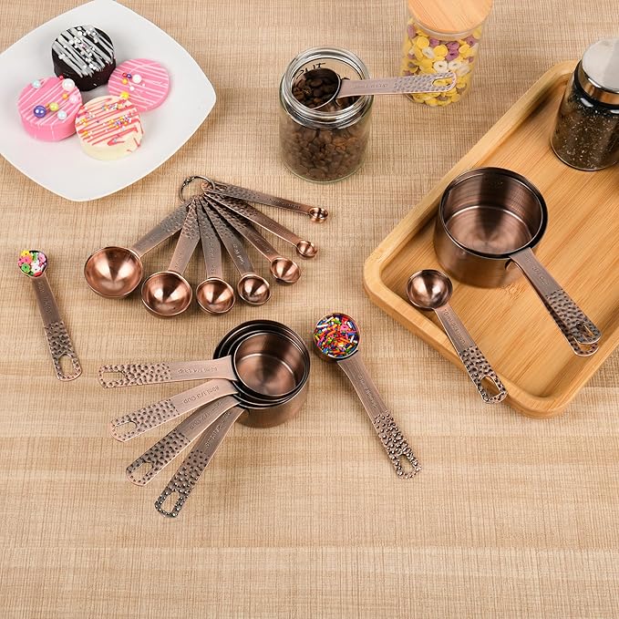 Copper Measuring Cups and Spoons Set, Stainless Steel Measuring Cups and Spoons Set for Baking and Kitchen, Measuring Cups Set with 3/4 Cup Measuring Cup
