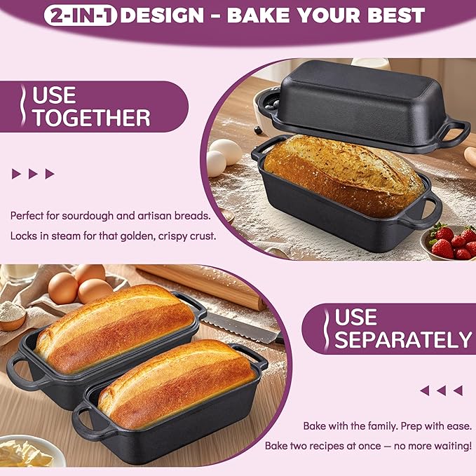 Cast Iron Loaf Pan with Lid 9x5 Inch, 2 in 1 Loaf Pans for Baking Bread, Even Heat Distribution for Sourdough, Homemade Bread