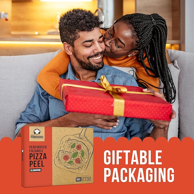 Chef Pomodoro Perforated Aluminum Metal Pizza Peel with Foldable Wood Handle for Easy Storage, Premium Pizza Paddle with Holes for Baking Homemade Pizza and Artisan Breads (12 inch)