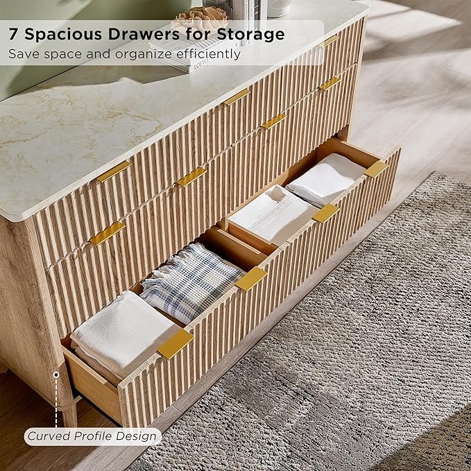 T4TREAM Fluted 7 Drawers Dresser, 54" Wide Modern Chest of Drawers with Faux Marble Top, Curved Profile Design, Dresser TV Stand, Wood Drawer Organizer for Bedroom, Living Room, Hallway, Natural Oak