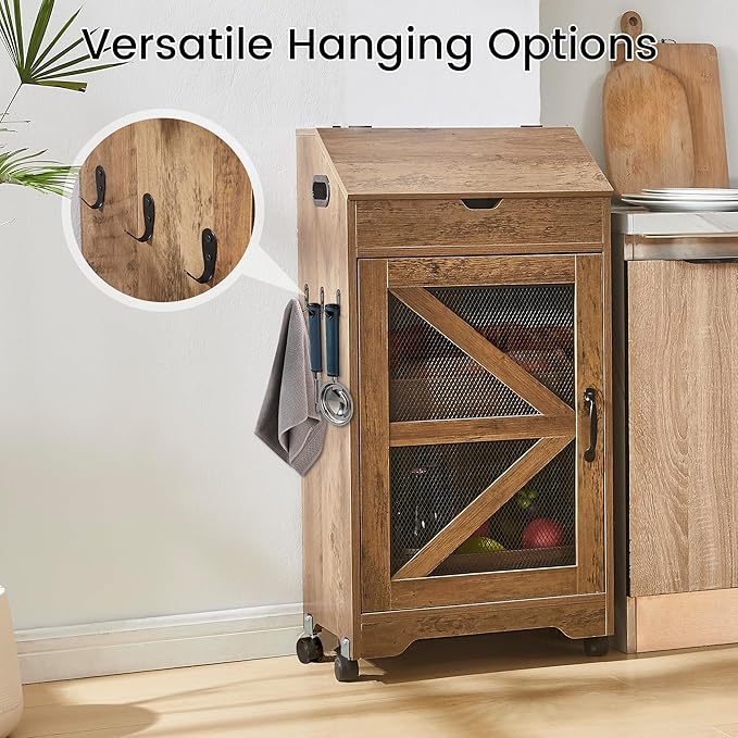 Potato and Onion Storage Bin, Wood Bread Box with Lid, Movable Fruit and Vegetable Organizer for Pantry, Kitchen