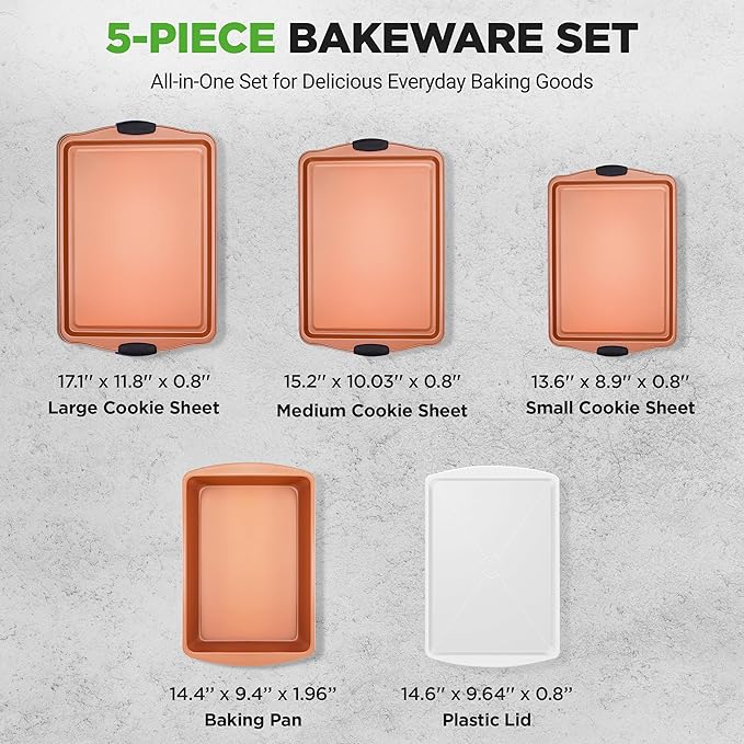 NutriChef 5 Piece Baking Pan Set - PFOA, PFOS, PTFE Free Flexible Nonstick Carbon Steel Bakeware Set - Home Kitchen Bake Pan Cookie Sheet Stackable Baking Tray Set w/Black Silicone Handles NC5PCS